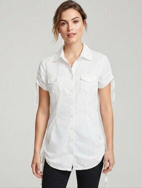 Subway Classic White Short Sleeve Button-Down Shirt, Crisp & Versatile,size S